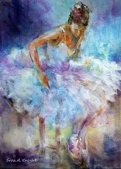 Ballerina having a moment alone - Ballerina sitting before dancing - Painting by Artist from Woking Surrey England near Richmond Park Surrey