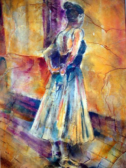 Ballet Practice Time - Ballet Dancer getting ready for lessons - Painting by Artist from Woking Surrey England near West Byfleet