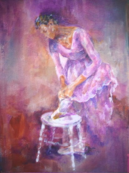 Ballet Shoes - Ballerina adjusting laces of ballet shoes - Painting by Artist from Woking Surrey England near West Molesey