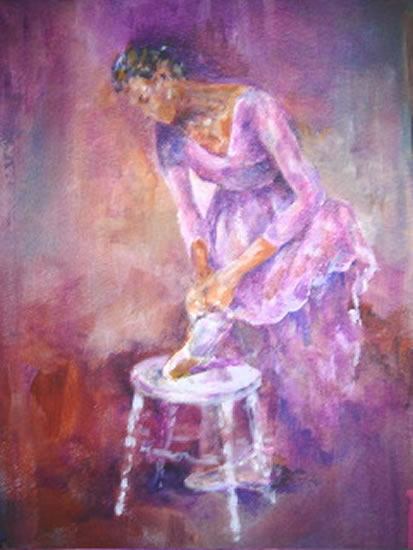 Ballet Shoes - Ballerina adjusting laces of ballet shoes - Painting by Artist from Woking Surrey England near West Molesey